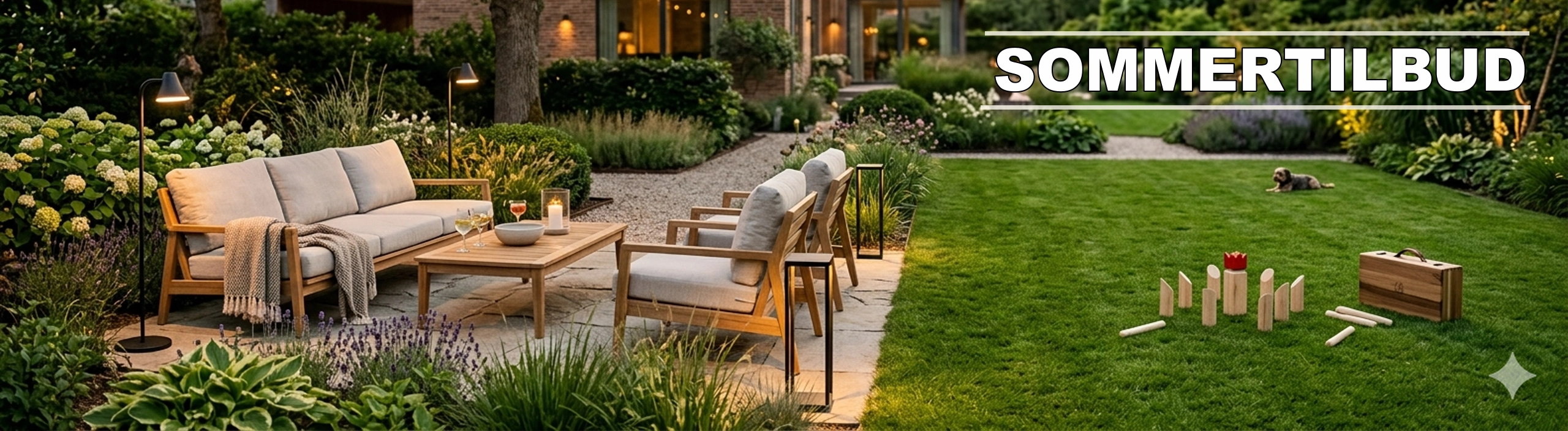 Eksklusive luksushavem&oslash;bler i teaktr&aelig;, stilfuld udend&oslash;rsbelysning og klassisk kongespil i en arkitekttegnet dansk have under en lun sommeraften &ndash; Luxury Outdoor sommerkampagne.