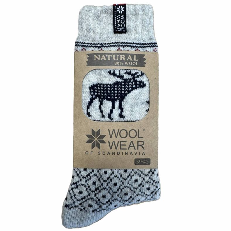 Ragsokker i Lysegr - 80% Uld med Elg motiv