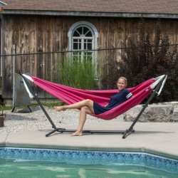 Hot pink - Polyester hngekje p stativ - dobbelt